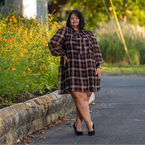 chinese dress ladies MIX LONG SLEEVE RUFFLE DETAIL PLAID DRESS main image 1